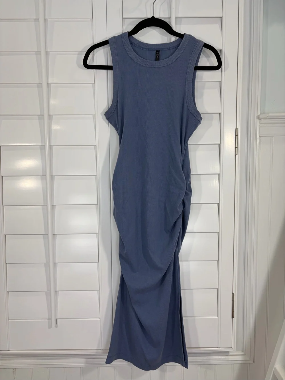 Savvy "Ivy Dress" Sleeveless Blue Midi Ribbed Ruched Tank Dress (M) - Picture 2 of 8